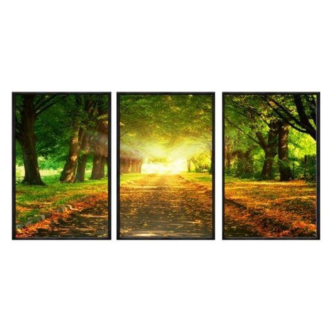 Kit 03 Quadros Decorativos - Tunel Verde Outono Flnt032k - Vidro com Impressão Uv - 40x60cm