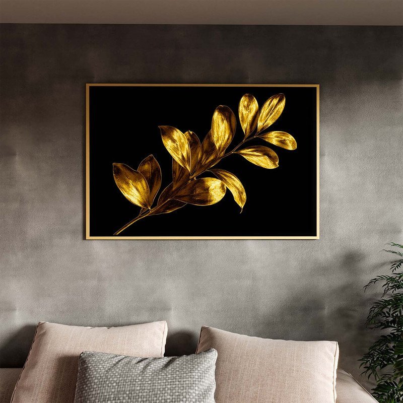 Quadro Decorativo Tela Canvas Flores e Folhas Douradas com Moldura Dourada - 180x100 Cm - 1