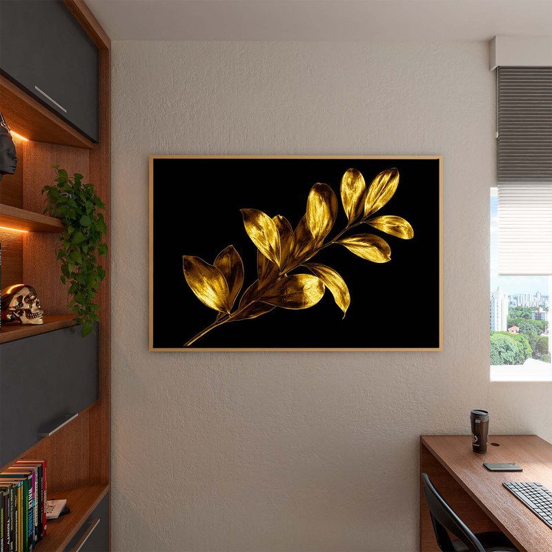 Quadro Decorativo Tela Canvas Flores e Folhas Douradas com Moldura Dourada - 180x100 Cm - 3