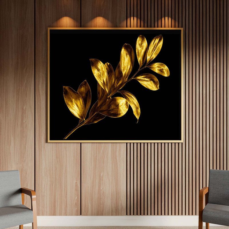 Quadro Decorativo Tela Canvas Flores e Folhas Douradas com Moldura Dourada - 180x100 Cm - 2