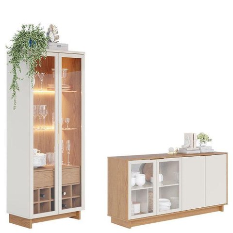 Cristaleira Guanabara Off White Freijó com Aparador para Sala Buffet Vitória Freijó Off White