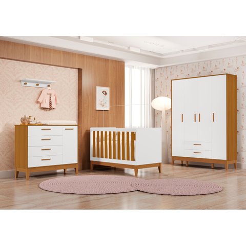 Quarto Completo com Roupeiro 4 Portas Flip Branco/Fosco/Savana