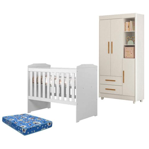 Berço Americano Carinho com Guarda Roupa Flocos Branco Acetinado Colchão Americano Ortobom - Tigus