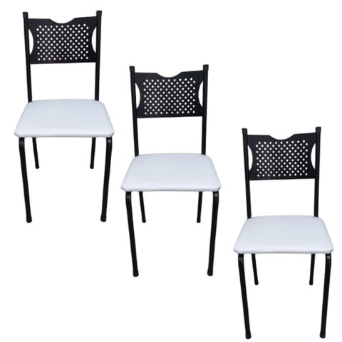 Kit 3 Cadeira para Cozinha Mc Tubular Almofadada Estrutura Preta com Assento Branco Medcombo