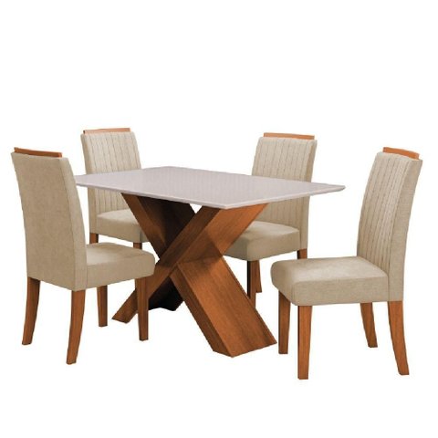 Conjunto Mesa de Jantar 4 Cadeiras Grécia Tampo de Vidro 1,36m - Dobuê- Madeirado / Bege