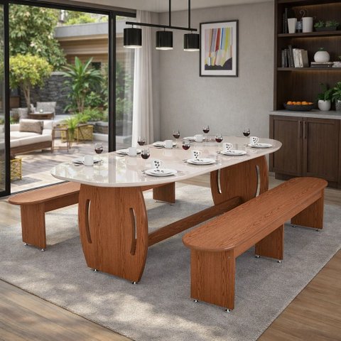 Mesa de Jantar Grande Tampo de Vidro e 2 Bancos Oval para Cozinha Ampla