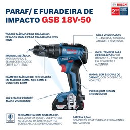 Parafusadeira Furadeira Impacto a Bateria Gsb 18v-50 Brushless 18v Sb Bosch - 9