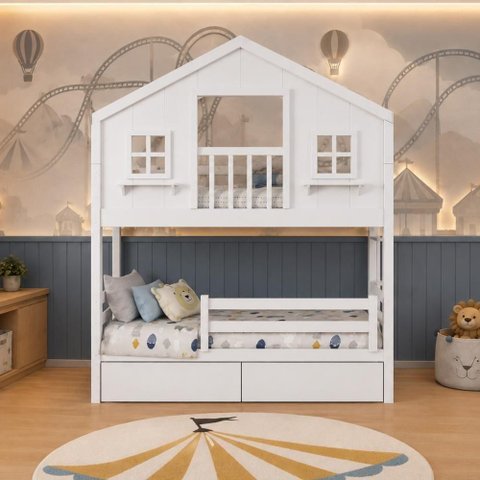 Beliche Infantil Casinha Dos Sonhos com Varanda Grade de Proteção Madeira Maciça Branco Megamobí