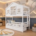Ver imagem 3 de Beliche Infantil Casinha Dos Sonhos com Varanda Grade de Proteção Madeira Maciça Branco Megamobí