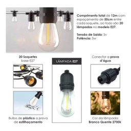Varal Solar 20 Lampadas 12 Metros Placa Solar Led Filamento Cordao Festa Casamento Aniversario Jardi - 7