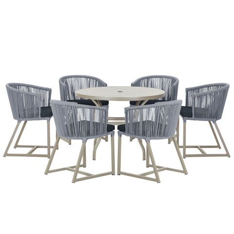 Mesa com 6 Cadeiras de Jantar Roma 120cm e Noronha em Alumínio Fendi Corda Náutica Estofado 12 Trama
