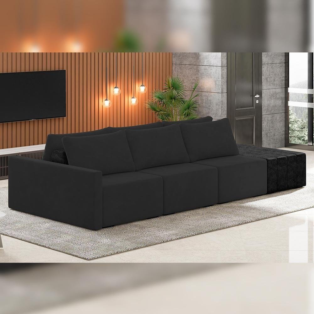 Sofá Ilha Modular para Sala 342cm com Puff Dublin K01 Veludo Bege e Sintético Preto - Lyam Decor - 6