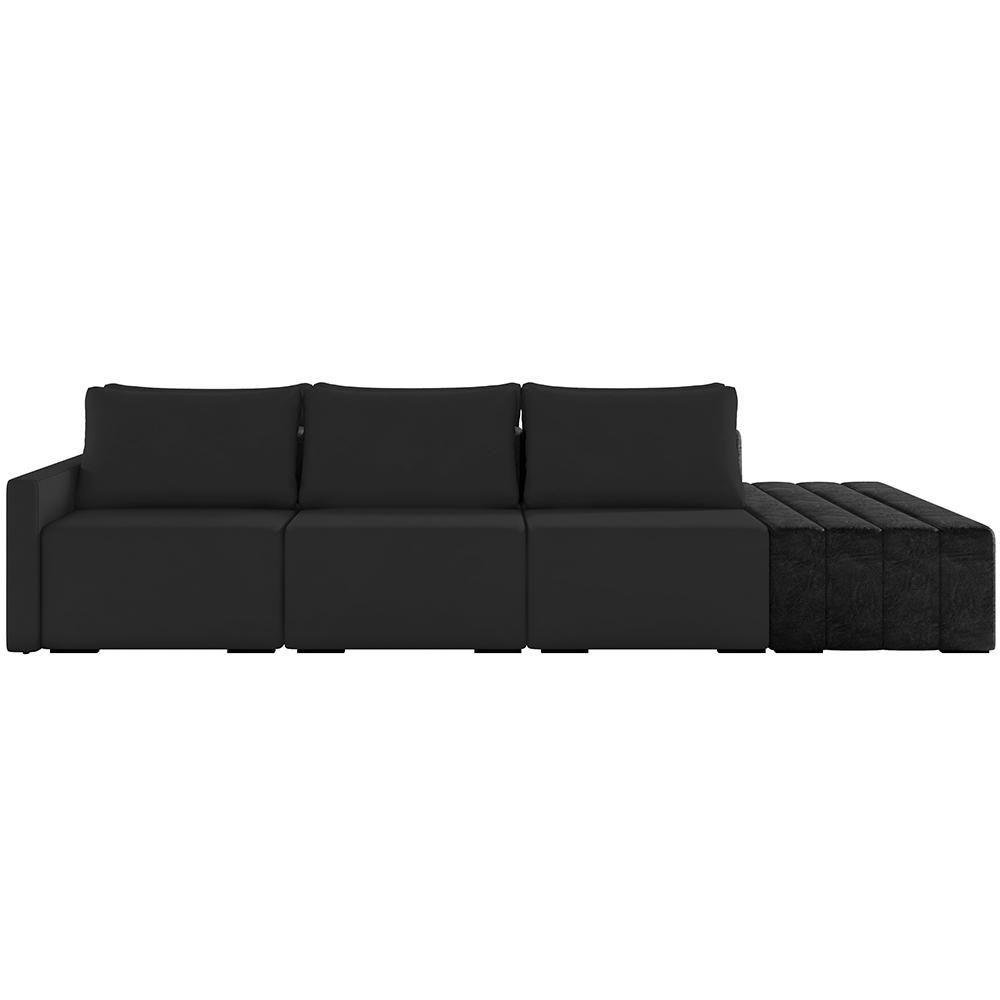 Sofá Ilha Modular para Sala 342cm com Puff Dublin K01 Veludo Bege e Sintético Preto - Lyam Decor - 5