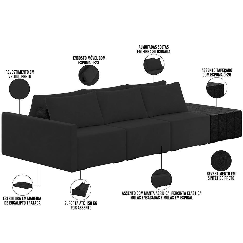 Sofá Ilha Modular para Sala 342cm com Puff Dublin K01 Veludo Bege e Sintético Preto - Lyam Decor - 7