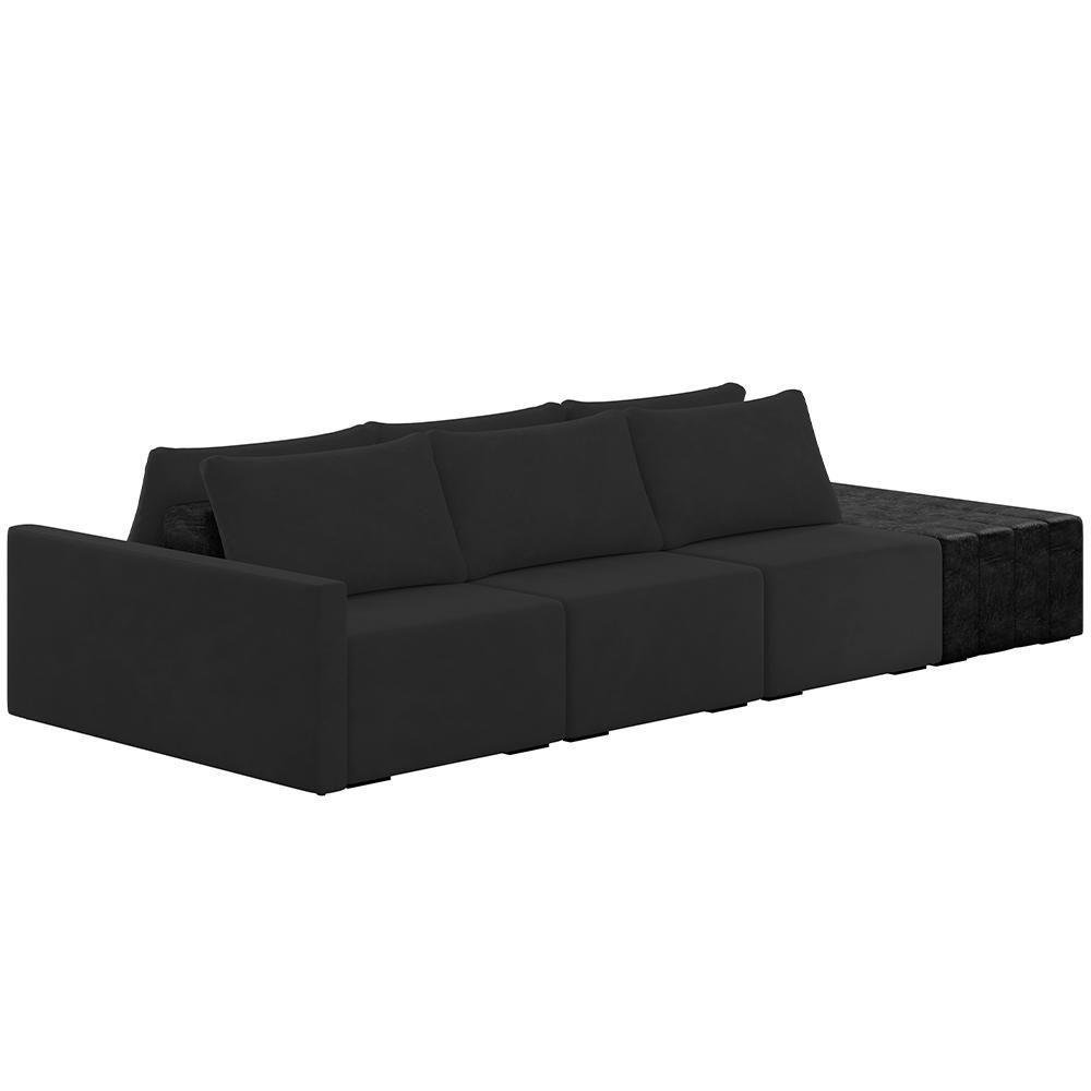 Sofá Ilha Modular para Sala 342cm com Puff Dublin K01 Veludo Bege e Sintético Preto - Lyam Decor - 1