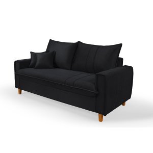 Sofa Living com Bau Multiuso 3 Lugares Suede Pes em Madeira: Preto