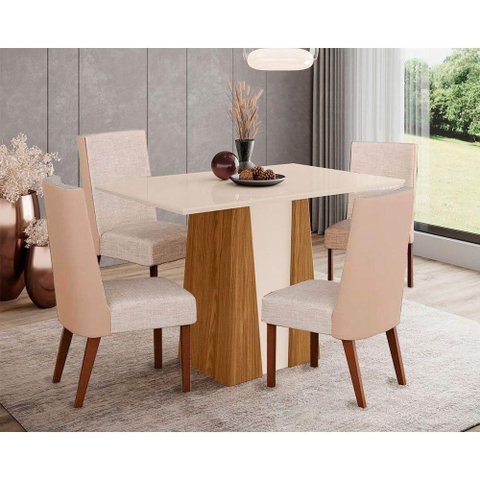 Conjunto: Mesa de Cozinha Orus Tampo Madeirado C/ Vidro 120x80cm e 4 Cadeiras Anne Nature/courano/