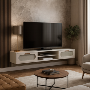 Rack Suspenso Santorini Tela de Palha 2 Gavetas Espaçosas Estilo Classico Off White Ideal para Tv 65