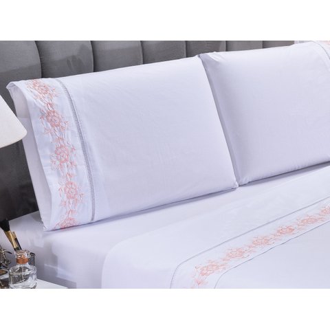 Jogo lençol Floral quarto casal padrão bordado 4 peças 2fronha:Branco com Salmão