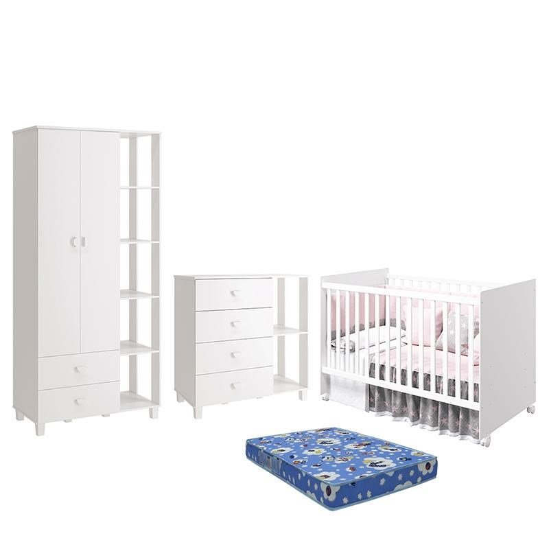 Dormitório Gino Guarda Roupa, Cômoda e Berço Tico Branco Brilho com Colchão - Reller Móveis - 1