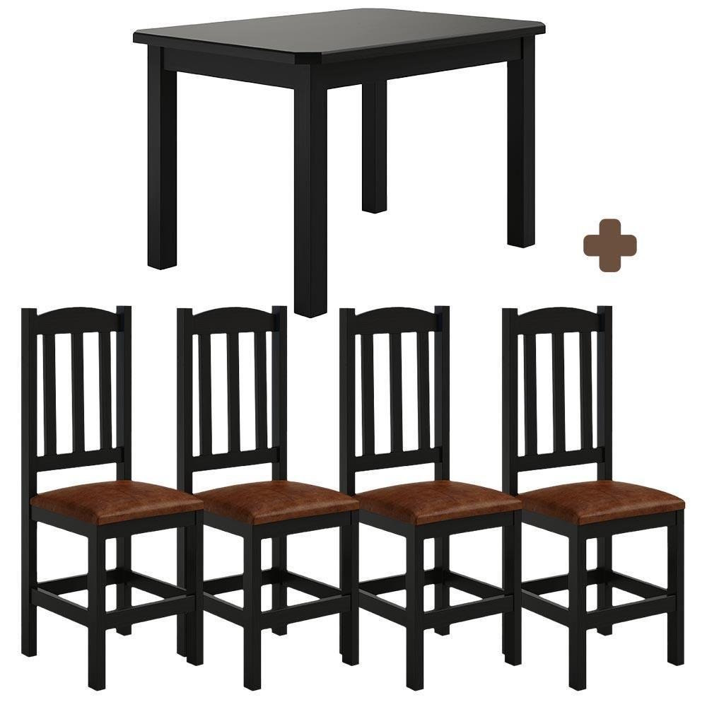 Conjunto Mesa com 4 Cadeiras Madeira Maciça Estofado Corino Marrom 120cm Preto Sapphira Shop Jm - 5