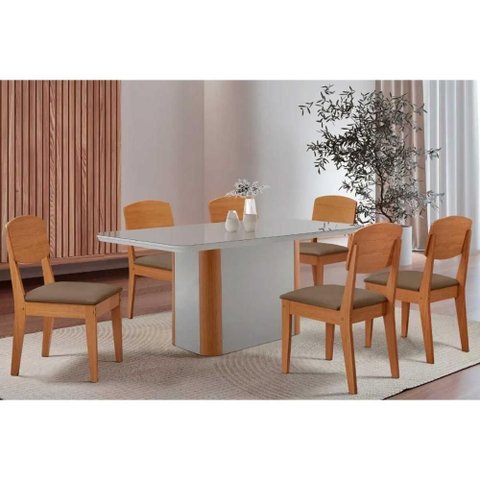Sala de Jantar Completa Pietá C/ Tampo Madeirado C/ Vidro Canto Curvo 180x90cm e 6 Cadeiras Havana