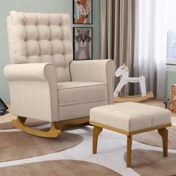 Poltrona de Amamentação Balanço e Puff Base de Madeira Brenda G05 Linho Creme - Mpozenato - 2
