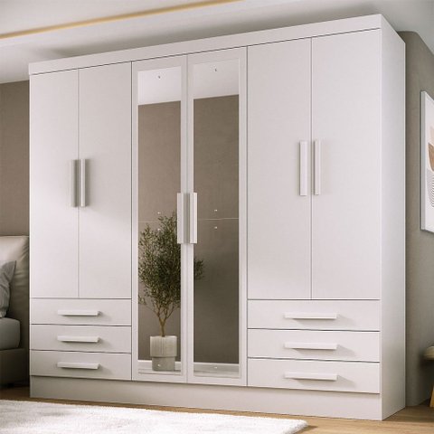 Guarda-roupa Solteiro Lancaster 6 Portas 6 Gavetas 100% com Espelho Mdf Branco - Panorama Móveis