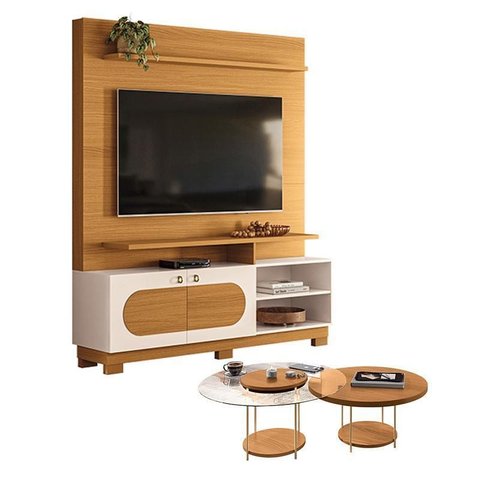 Estante Home Theater Axis Cinamomo Off White com Kit Mesa de Centro Sky Cinamomo - Hb Móveis