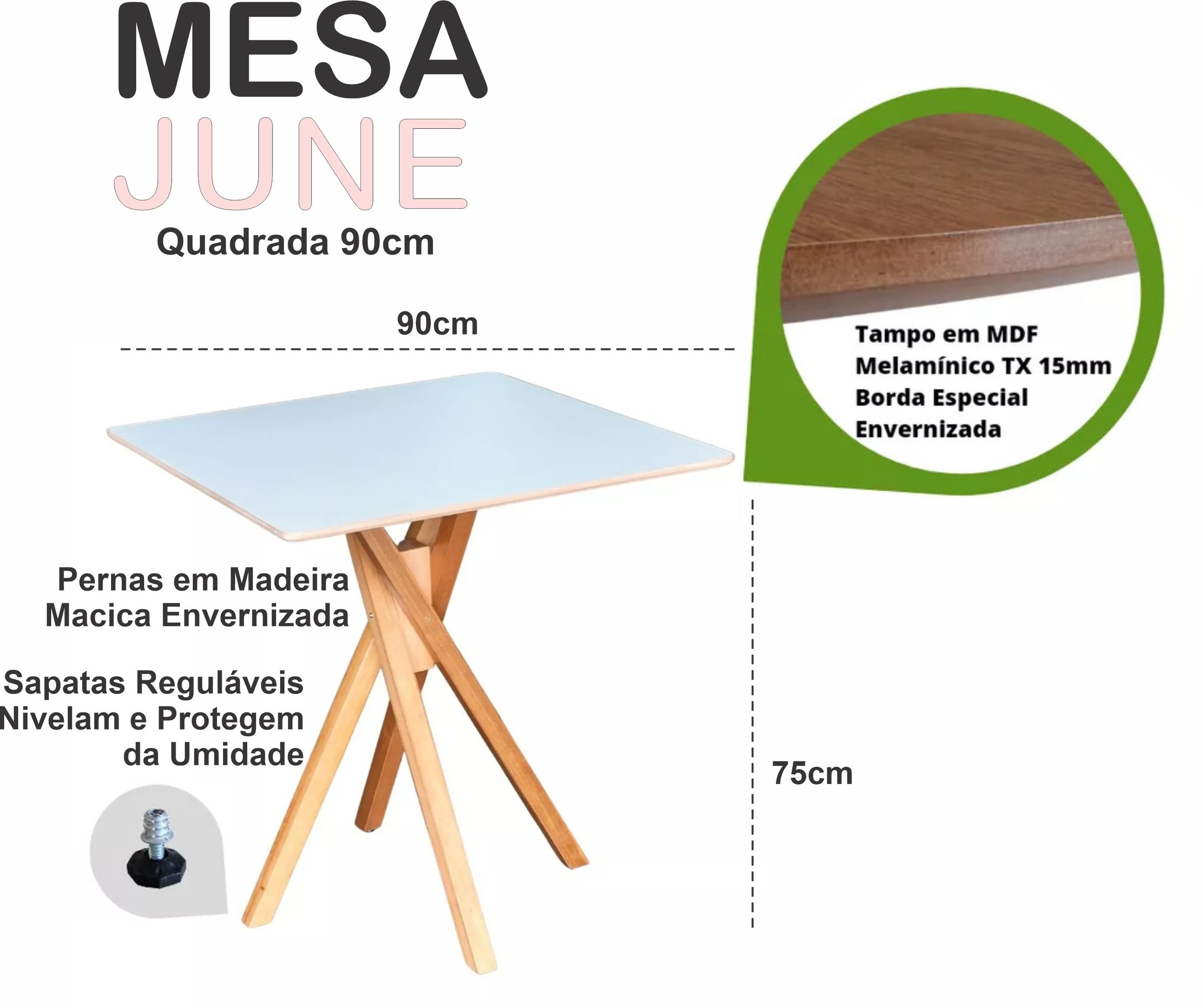 Mesa Quadrada de Madeira 90cm June na Cor Branca - 3