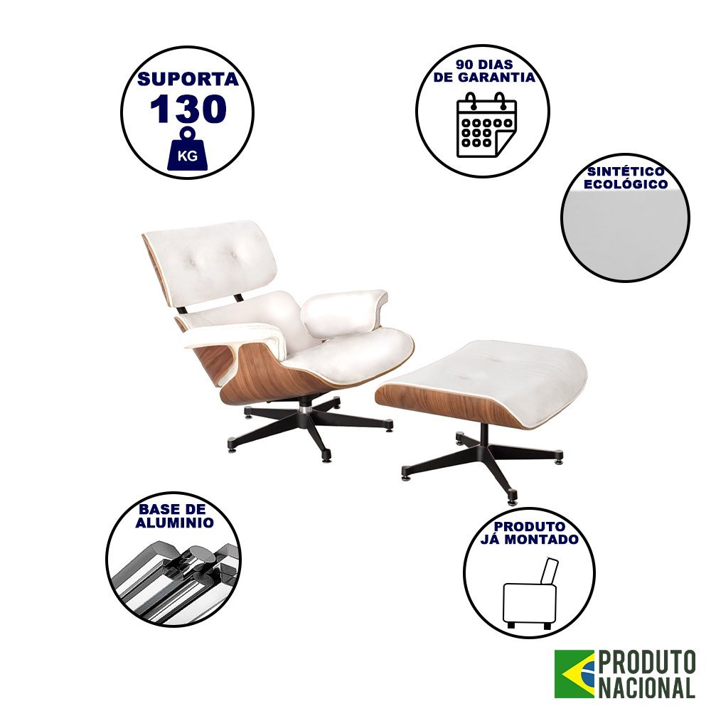 Poltrona Charles Eames Courino com Puff Branco - 3