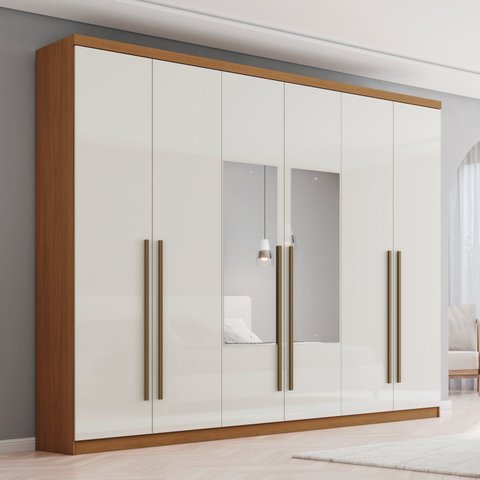 Guarda-Roupa Casal 6 Portas com Espelho New Jade Off White/Cinamomo