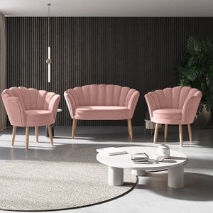 Kit 02 Poltronas Decorativas e Namoradeira Sofá Pétala Luxo Veludo Rosa Pés Palito - Visan Estofados
