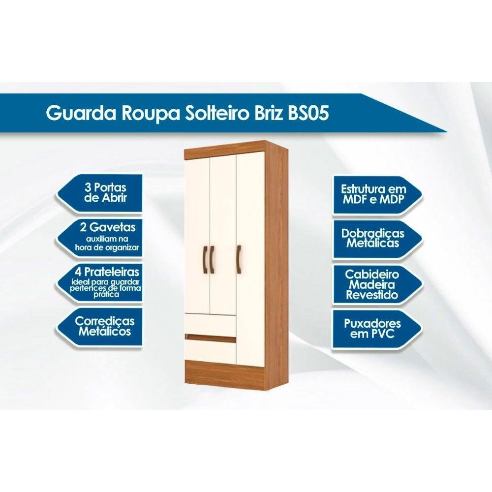 Guarda Roupa 3 Portas de Abrir e 2 Gavetas Briz Bs05 Nature/off White - Henn - 2