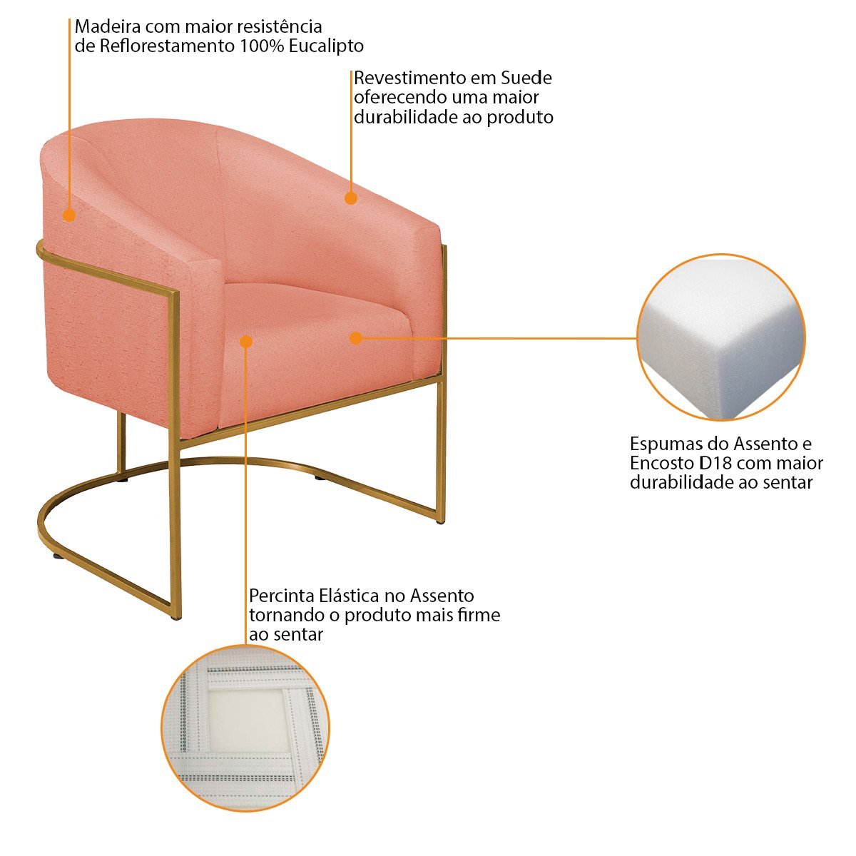 Poltrona Decorativa Sala de Estar Recepção Luiza Base de Ferro Dourado Suede - ADJ Decor POLTRONAS P - 4
