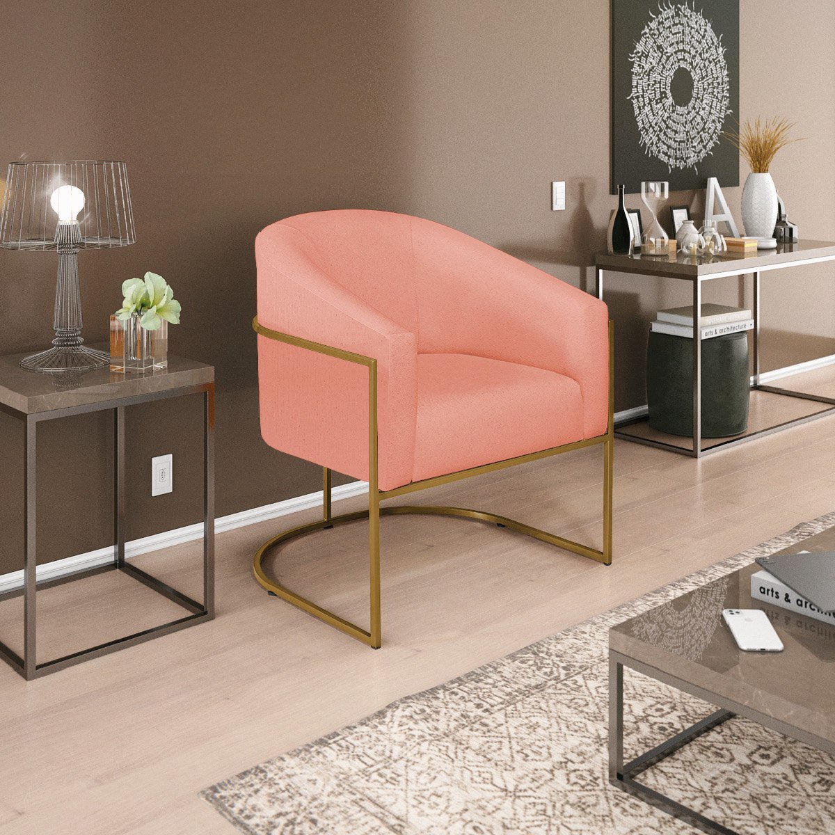 Poltrona Decorativa Sala de Estar Recepção Luiza Base de Ferro Dourado Suede - ADJ Decor POLTRONAS P - 1