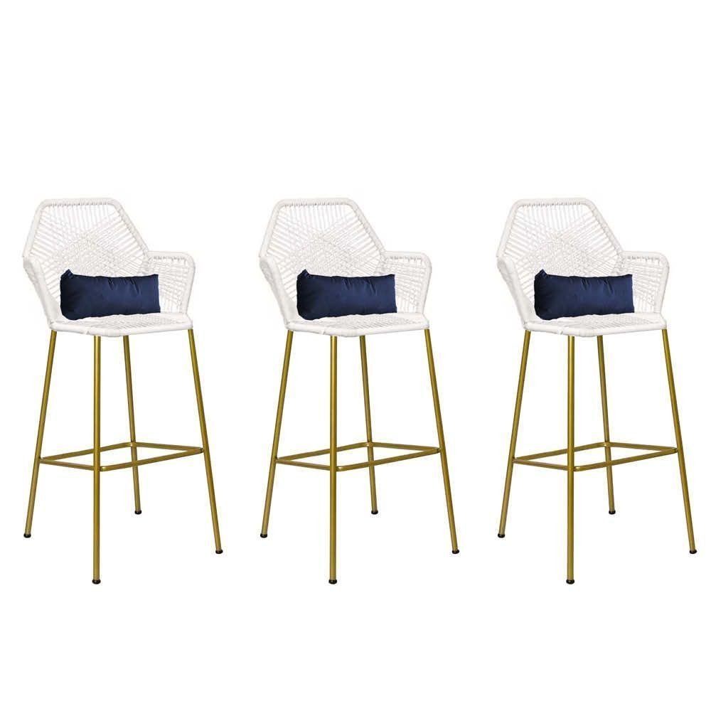 Kit 03 Banqueta Alta Sttar Ferro Dourado Fibra Branco Almofada Azul Marinho - 1