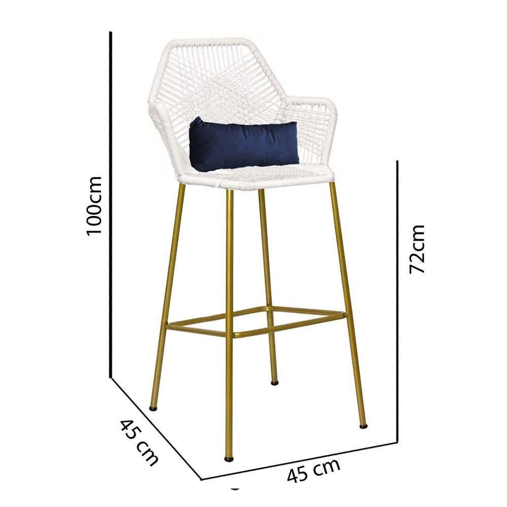 Kit 03 Banqueta Alta Sttar Ferro Dourado Fibra Branco Almofada Azul Marinho - 2