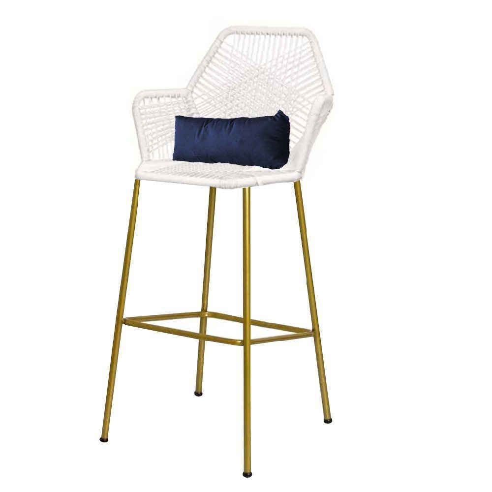 Kit 03 Banqueta Alta Sttar Ferro Dourado Fibra Branco Almofada Azul Marinho - 4