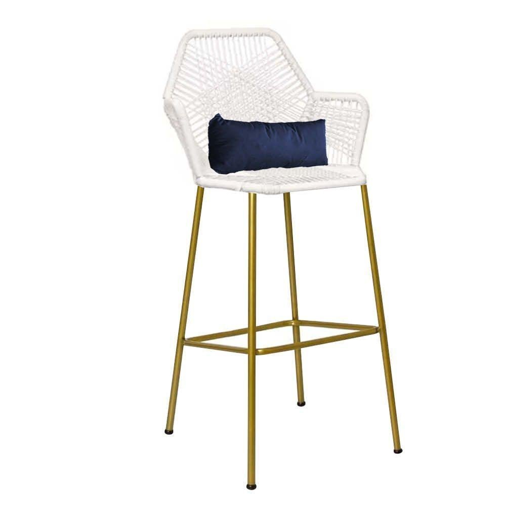 Kit 03 Banqueta Alta Sttar Ferro Dourado Fibra Branco Almofada Azul Marinho - 3
