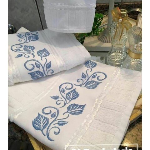 Jogo Toalhas Bordadas Banho e Rosto. Estampa: Folhas Dohler Artesanalle Preto