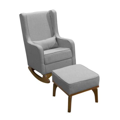 Poltrona de Amamentação Encosto Alto e Balanço c/ Puff Linho Bege - Lahome Decor Aquila