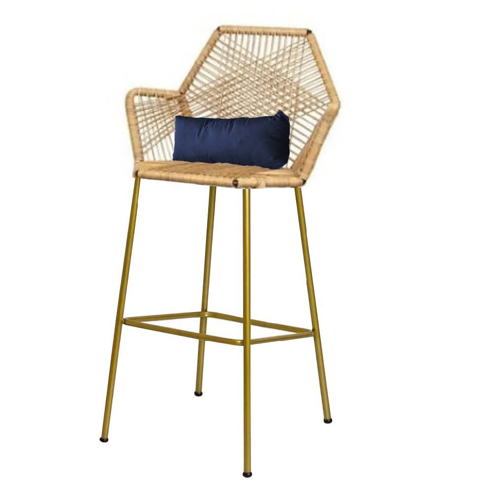 Kit 04 Banqueta Alta Com Encosto Sttar Balcão Ferro Dourado Fibra Palha Almofada Sintético Azul Mari - 2