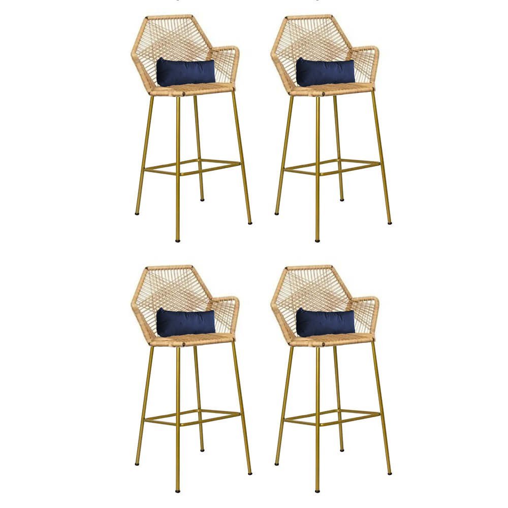 Kit 04 Banqueta Alta Com Encosto Sttar Balcão Ferro Dourado Fibra Palha Almofada Sintético Azul Mari - 1