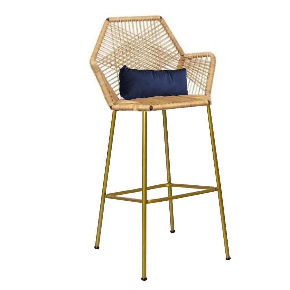 Kit 04 Banqueta Alta Com Encosto Sttar Balcão Ferro Dourado Fibra Palha Almofada Sintético Azul Mari - 3