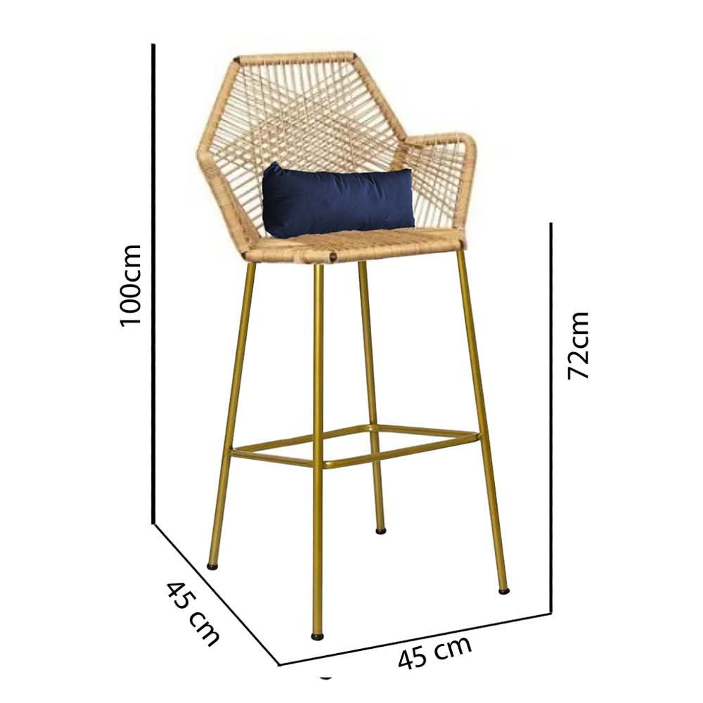 Kit 04 Banqueta Alta Com Encosto Sttar Balcão Ferro Dourado Fibra Palha Almofada Sintético Azul Mari - 4