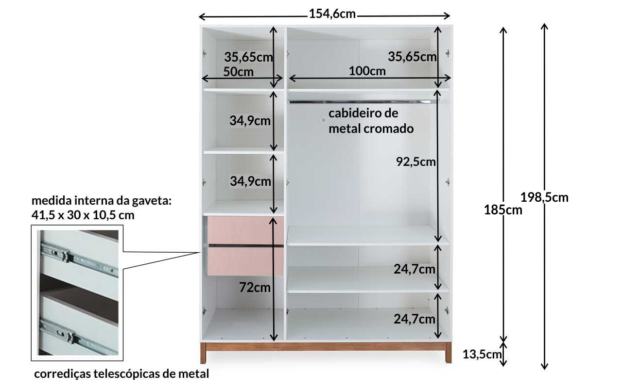 Guarda-roupa Roupeiro 3 Portas Mdf E Madeira Maciça Branco Com Rosa 