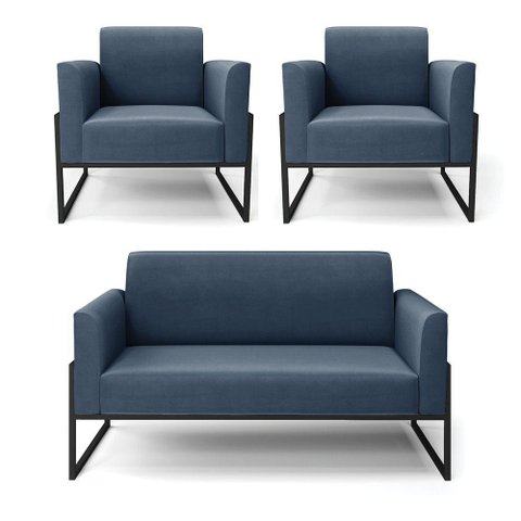 Sofá Namoradeira com 2 Poltronas Base Industrial Alta Preto Marisa Suede D03 - D\'rossi Cor Azul