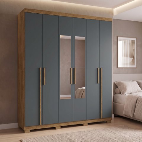 Guarda-Roupa Casal 6 Portas, 2 Gavetas, Pés e Espelho MDF Cuiabá Cinza Cinamomo/Urban