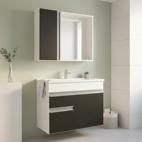 Conjunto Gabinete de Banheiro com Cuba e Espelheira Suspenso 60cm Napoli Branco/Preto